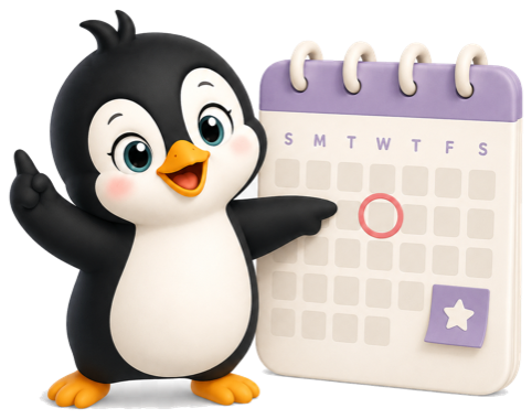 Penny pointing at a calendar