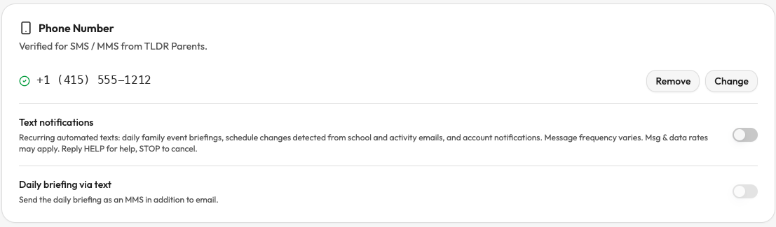 TLDR Parents account settings showing a standalone Text notifications toggle switched off, with its program disclosure beneath it and no Send code or checkout button, demonstrating that opting in is a separate voluntary action.