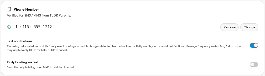 The same TLDR Parents Text notifications toggle switched on by the user, showing that recurring-message enrollment is granted only by the user's own deliberate, reversible action.